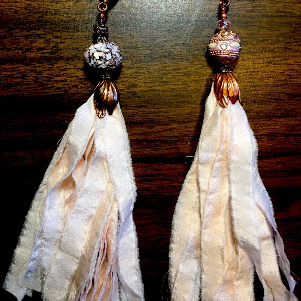 Silk blush tassel purse charm pendant copper mosaic bead NWT Artisan